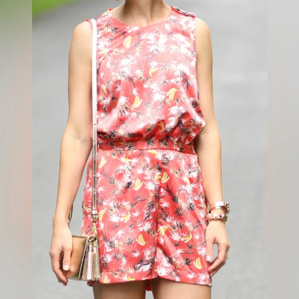 Peter Som For Design Nation Tropical Banana Print Satin Coral Romper Size 14 - Picture 2 of 9